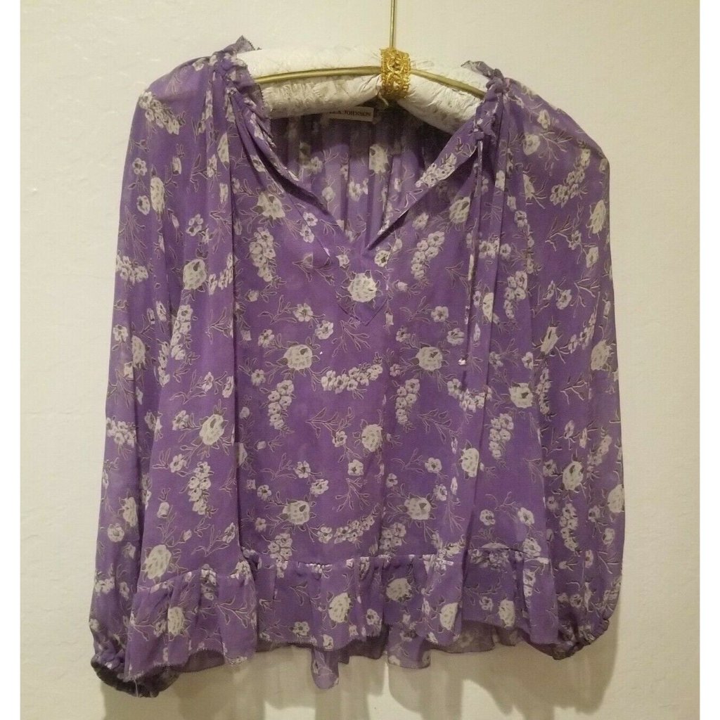 Ulla Johnson Women's V-Neck Ruffle Top Blouse Size 2 Purple Floral Silk Peasant